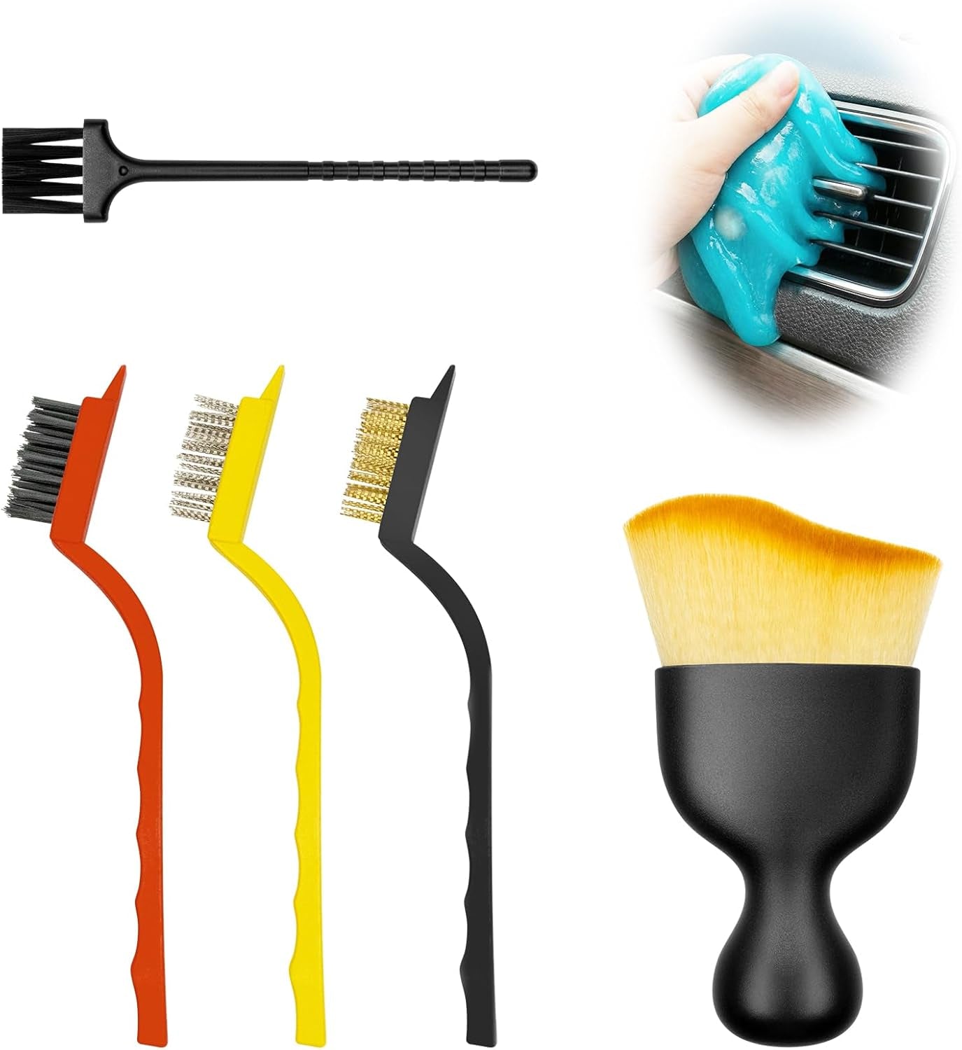 Car Interior Detailing Brush Cleaning Kit, Soft Bristle Dusting Brush, Wire Brush Set, Car Cleaning Gel, Car Accessories Essentials Supplies Tools for Auto,Truck,Suv,Rv（6Pcs ）