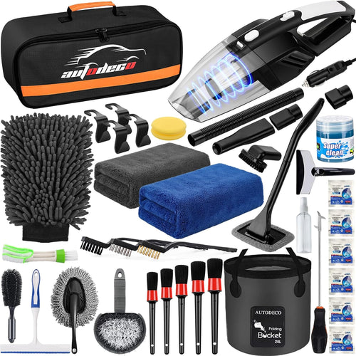 41Pcs Car Cleaning Wash Kit Interior Detailing Cleaner Kit with High Power Handheld Vacuum, Collapsible Bucket, Windshield Tool, Snow Shovel, Tire Brush, Complete Car Care Tools, Black